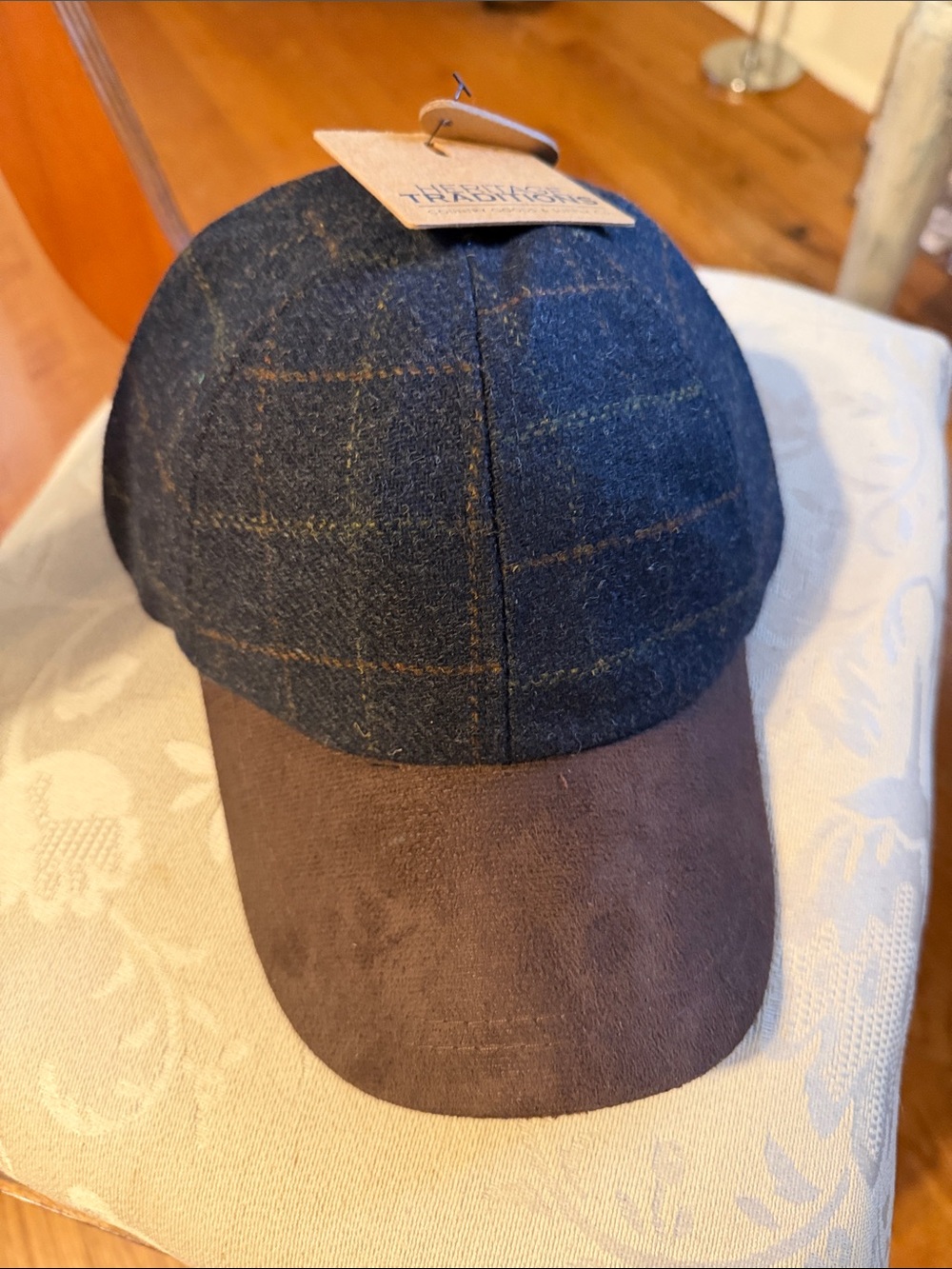 Men's Navy Windowpane Tweed Cap with Brown Suede Bill